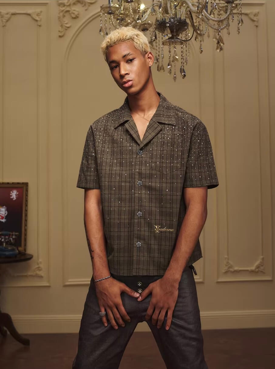 YADcrew Galaxy Rhinestone Plaid Short Sleeve Shirt