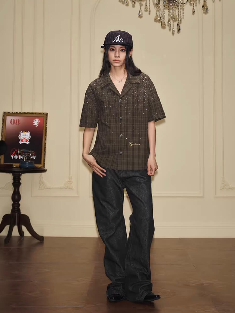 YADcrew Galaxy Rhinestone Plaid Short Sleeve Shirt