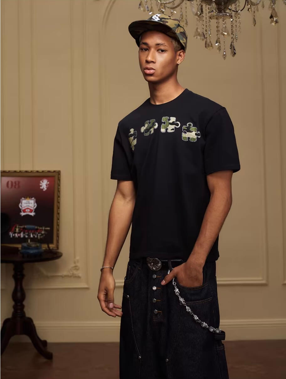 YADcrew Camo Rhinestone Puzzle Tee