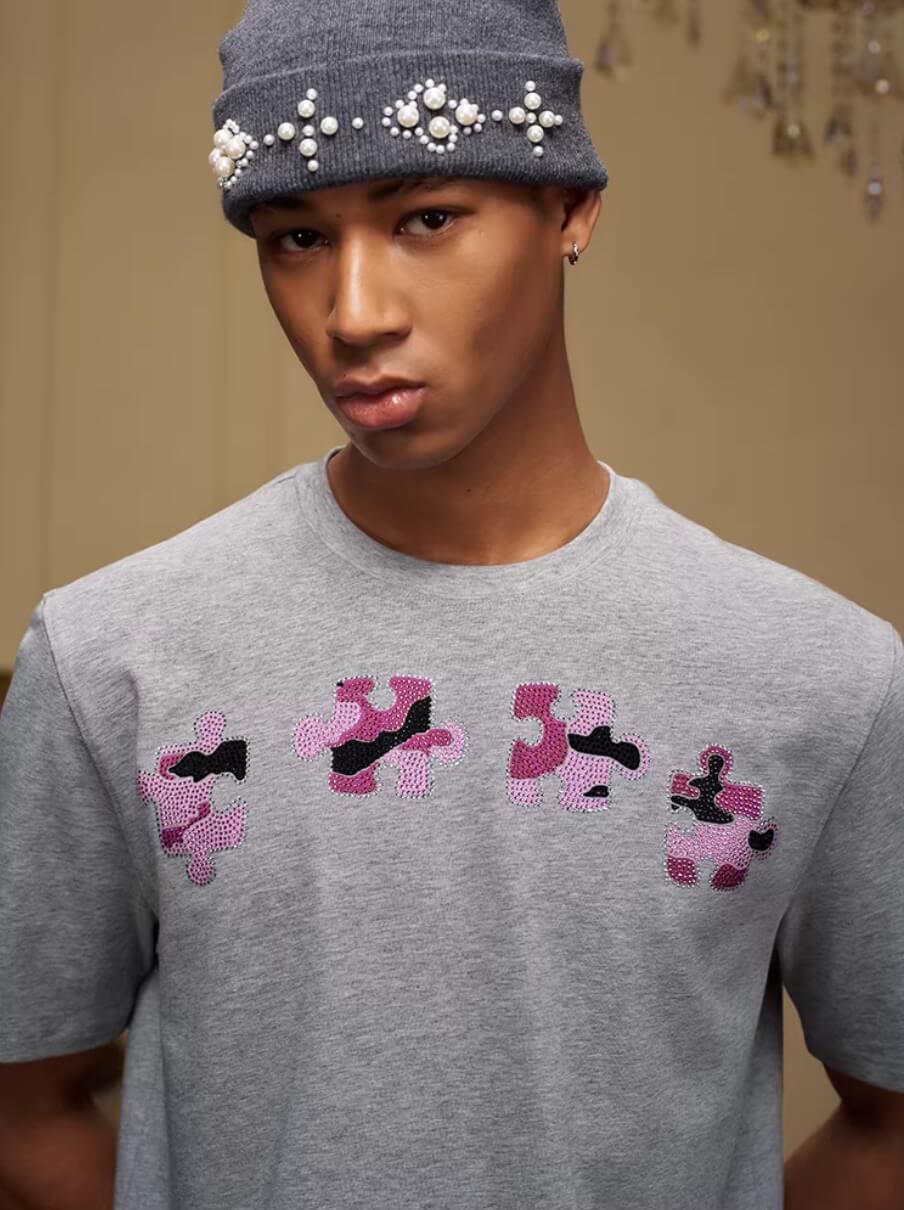 YADcrew Camo Rhinestone Puzzle Tee