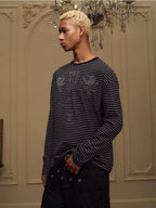 YADcrew Vintage Lion Print Striped Long Sleeve Tee