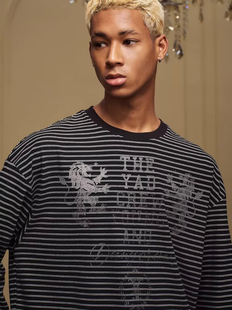 YADcrew Vintage Lion Print Striped Long Sleeve Tee
