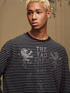 YADcrew Vintage Lion Print Striped Long Sleeve Tee