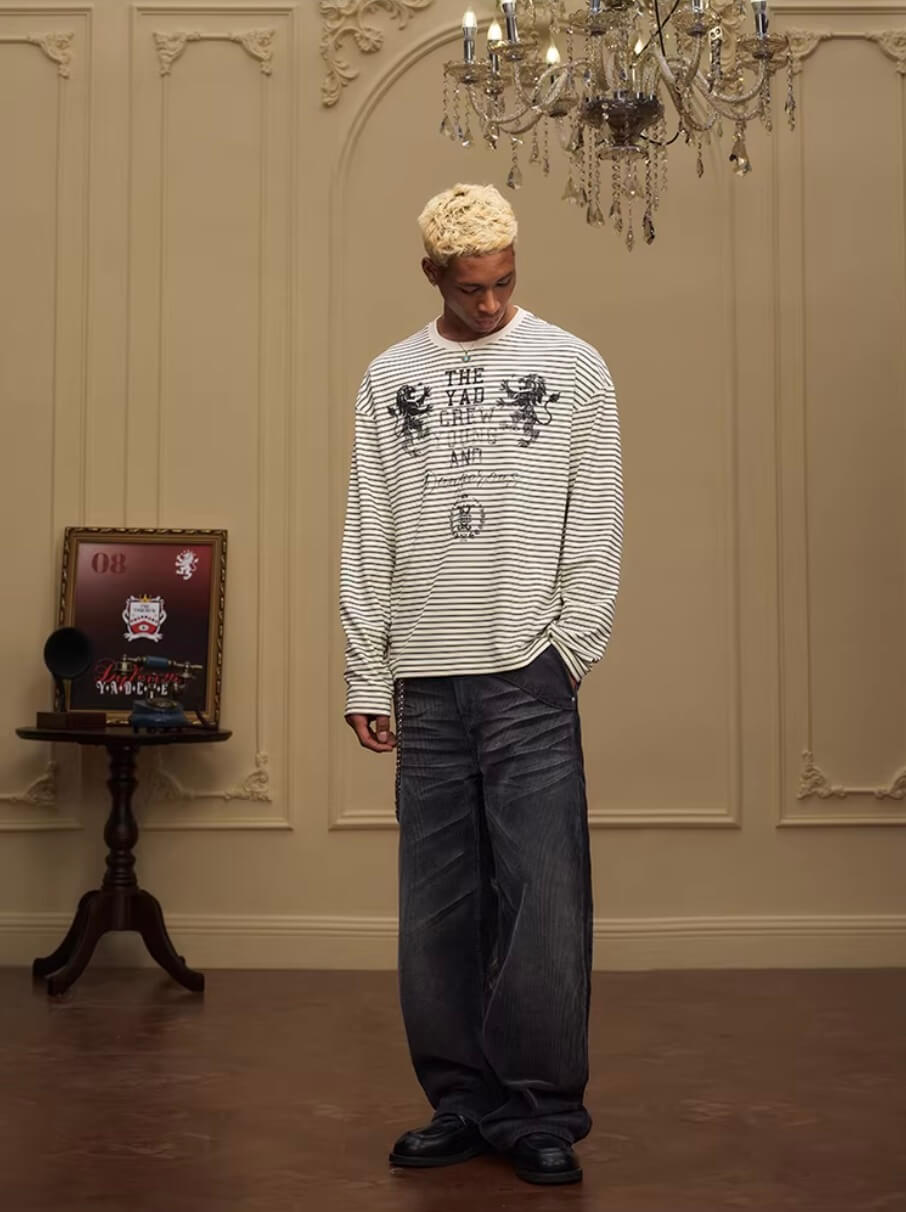 YADcrew Vintage Lion Print Striped Long Sleeve Tee