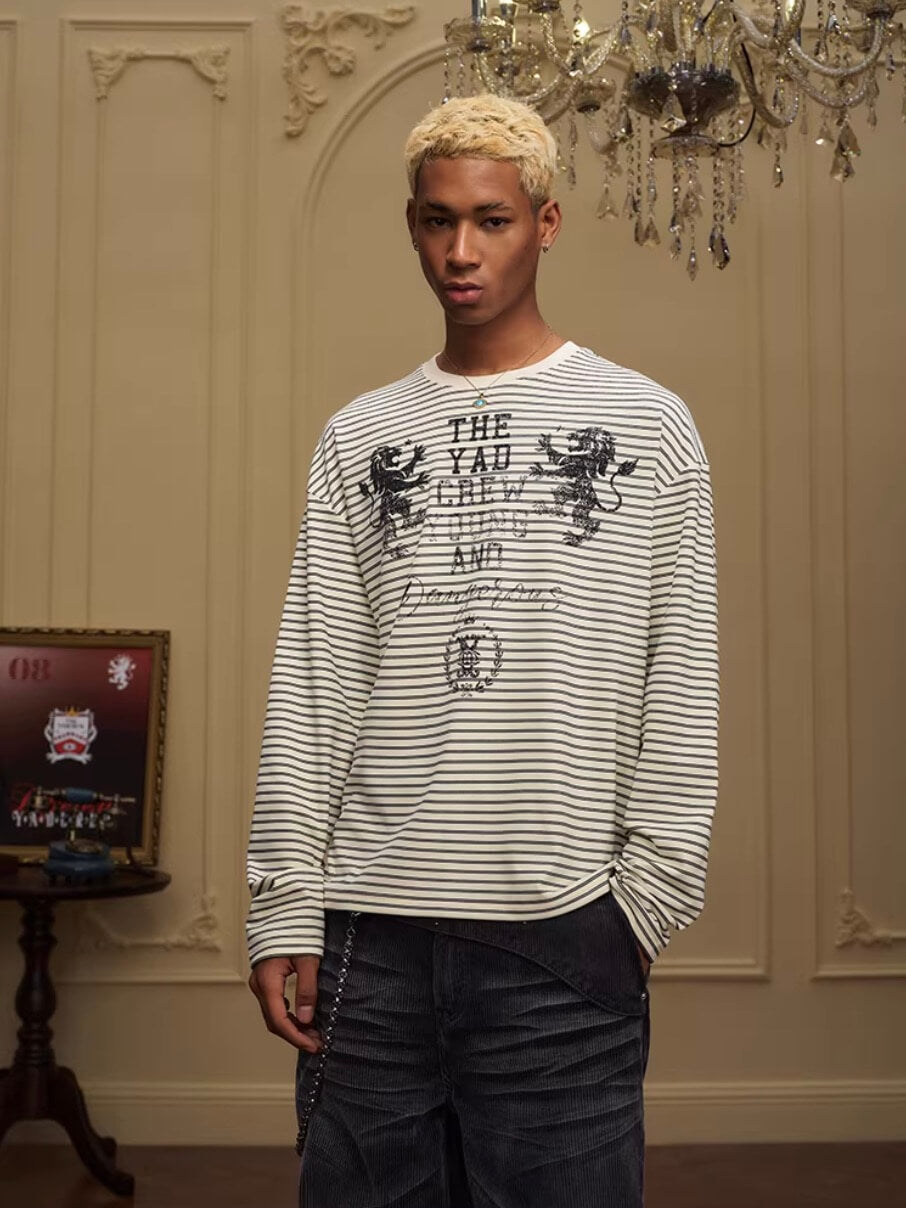 YADcrew Vintage Lion Print Striped Long Sleeve Tee