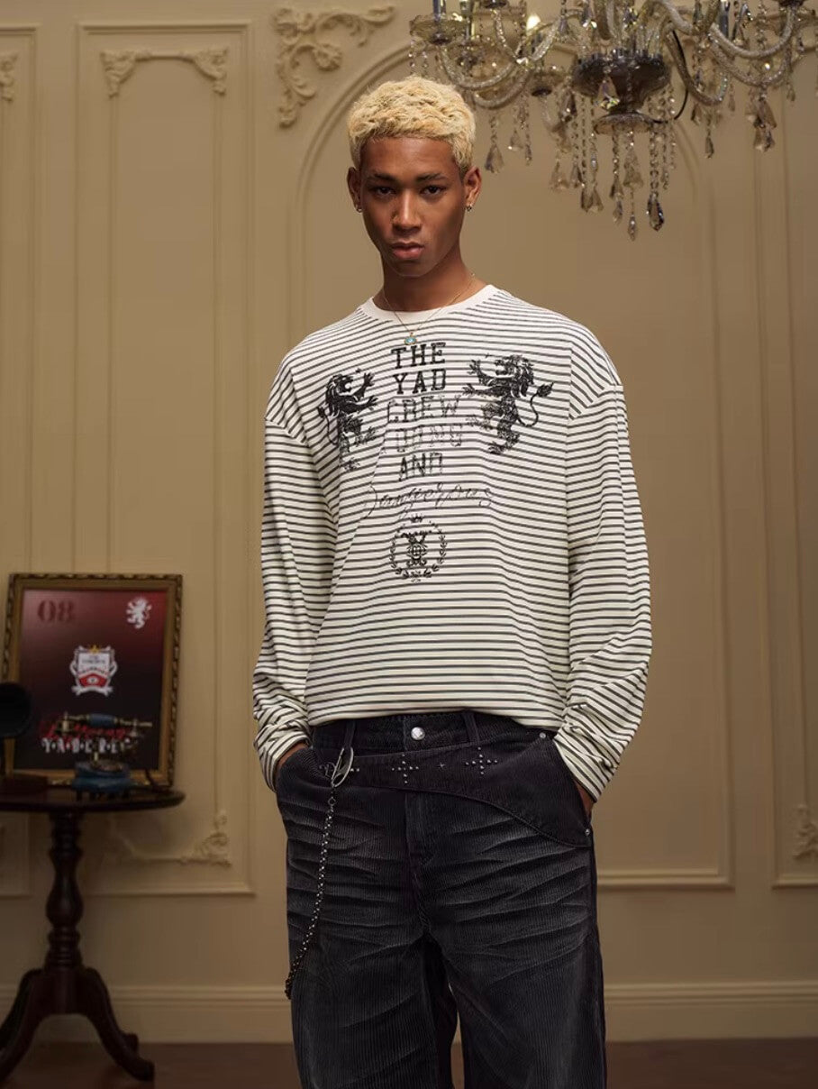 YADcrew Vintage Lion Print Striped Long Sleeve Tee