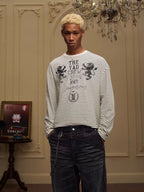 YADcrew Vintage Lion Print Striped Long Sleeve Tee