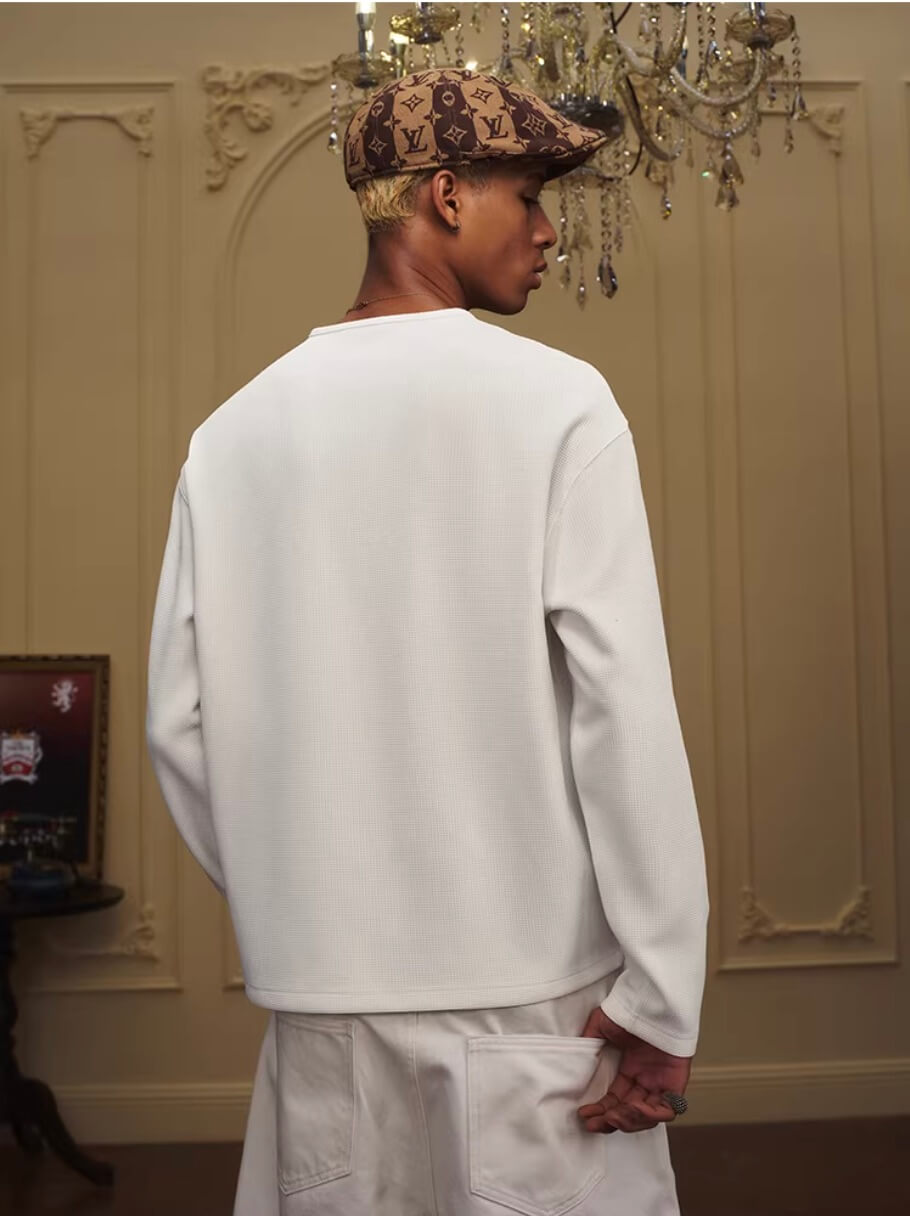 YADcrew Baroque Embroidered Half Zip Waffle Thermal Long Sleeve Tee