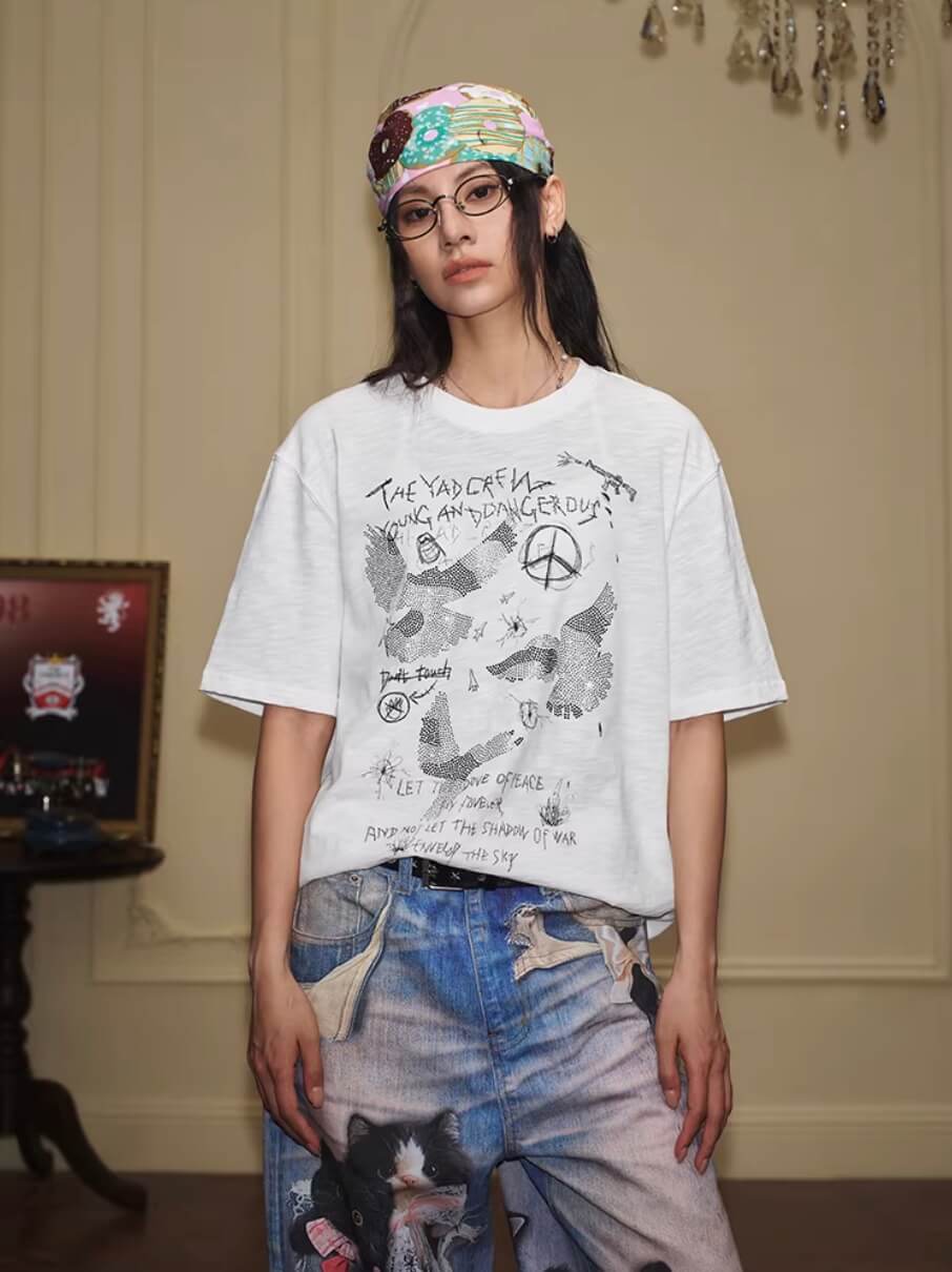 YADcrew Vintage Rhinestone Camo Dove Tee
