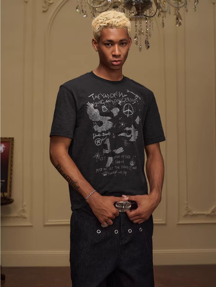 YADcrew Vintage Rhinestone Camo Dove Tee