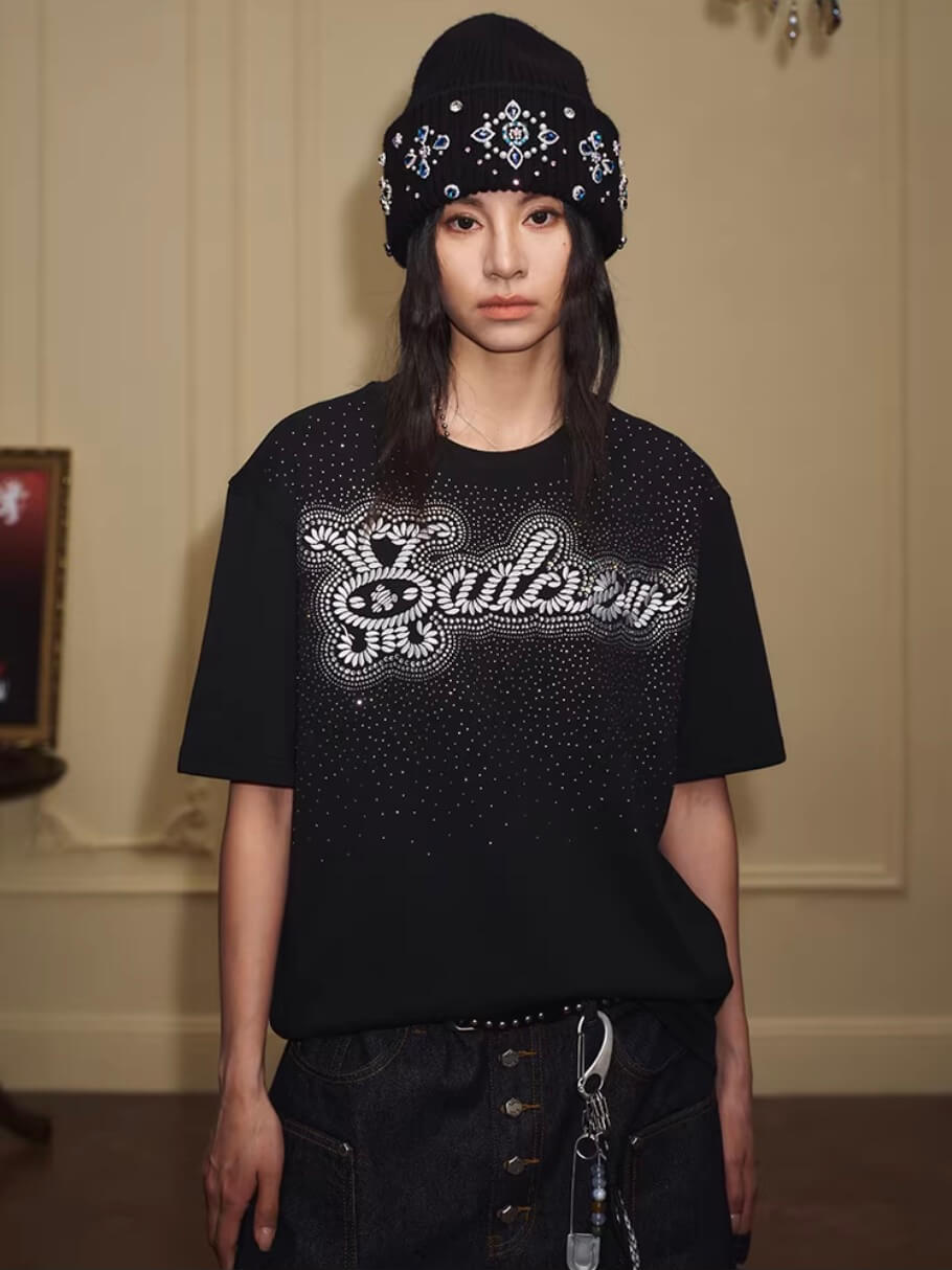 YADcrew Galaxy Rhinestone 3D Logo Embroidered Tee