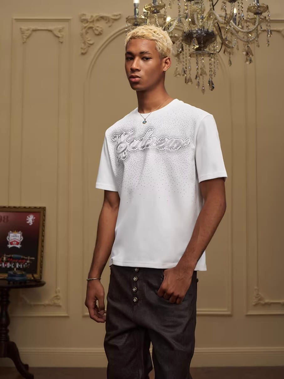 YADcrew Galaxy Rhinestone 3D Logo Embroidered Tee