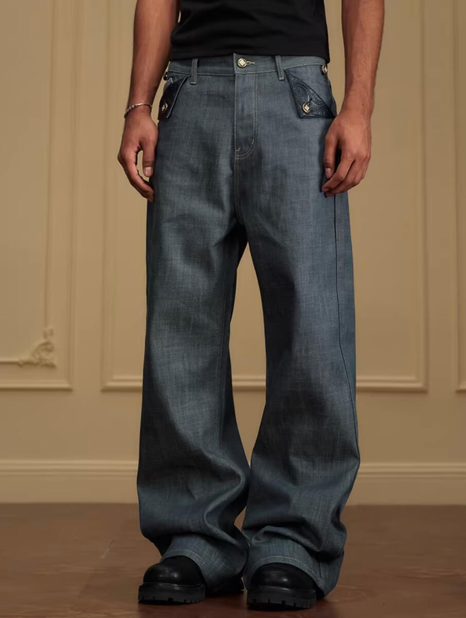 YADcrew Fold Over Leather Patch Pocket Jeans