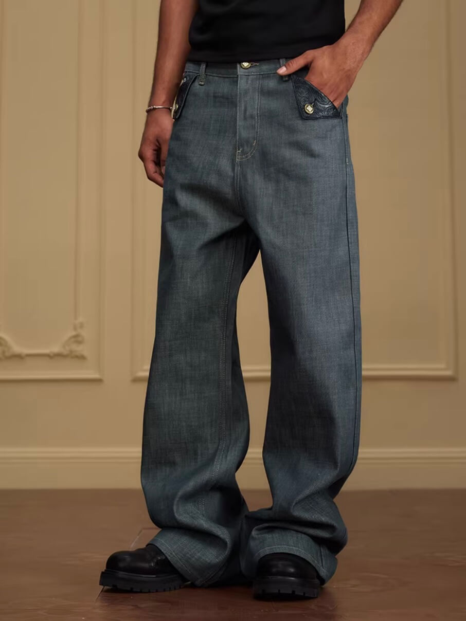 YADcrew Fold Over Leather Patch Pocket Jeans