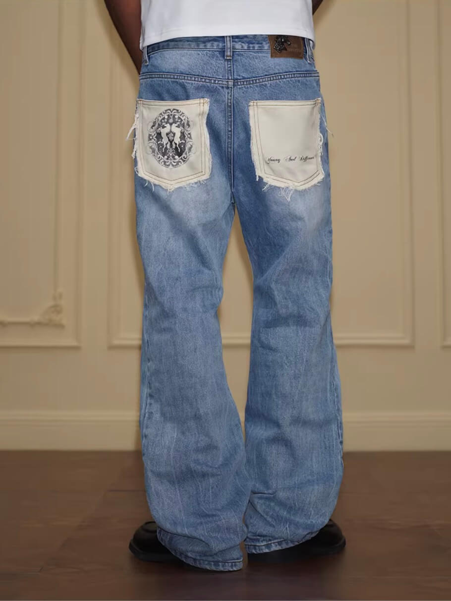 YADcrew Contrast Frayed Back Pocket Center Seam Washed Jeans