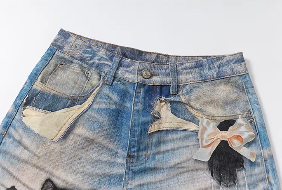 YADcrew Black Cat And Bow Print Baggy Jeans