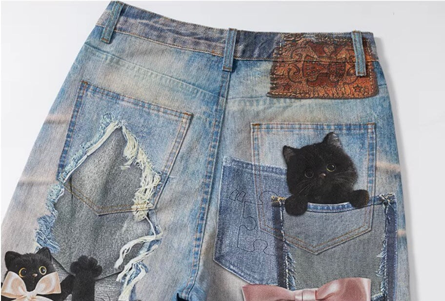 YADcrew Black Cat And Bow Print Baggy Jeans
