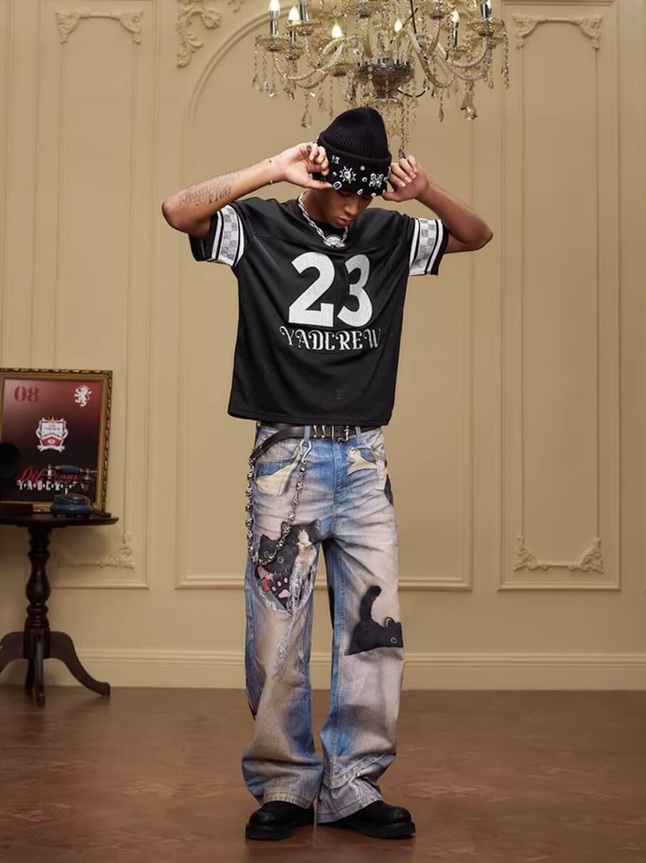 YADcrew Black Cat And Bow Print Baggy Jeans