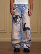 YADcrew Black Cat And Bow Print Baggy Jeans