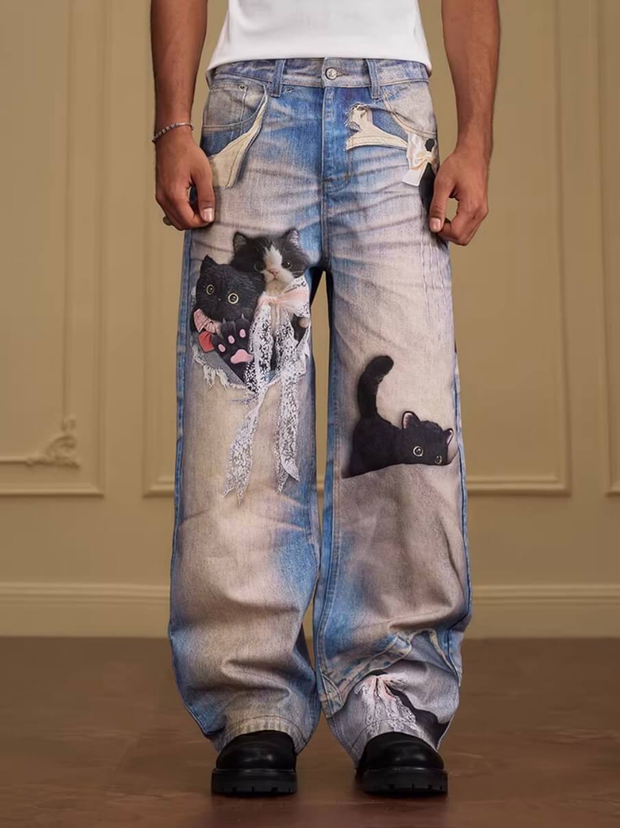 YADcrew Black Cat And Bow Print Baggy Jeans