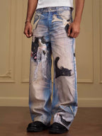 YADcrew Black Cat And Bow Print Baggy Jeans