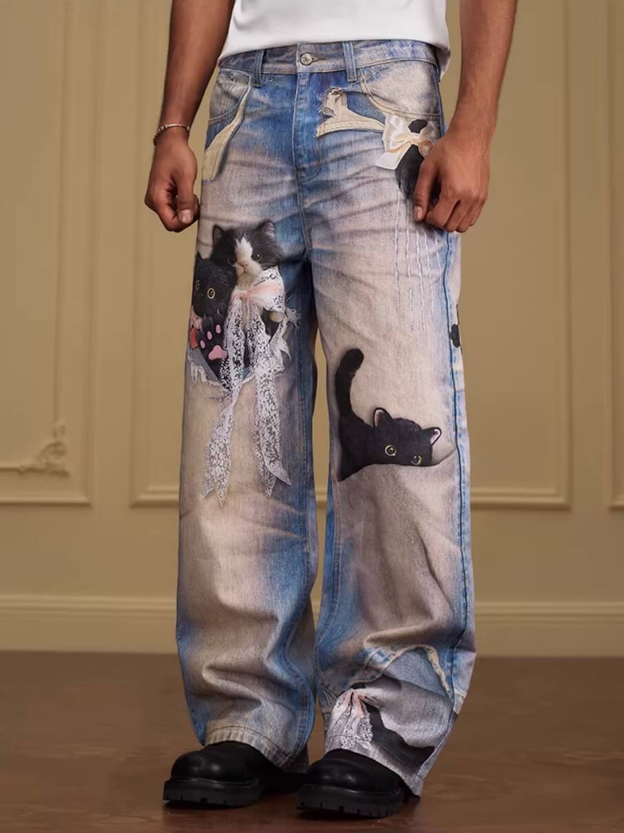 YADcrew Black Cat And Bow Print Baggy Jeans
