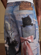 YADcrew Black Cat And Bow Print Baggy Jeans