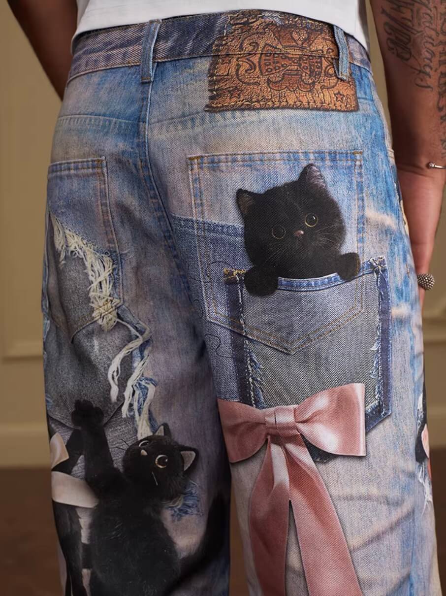YADcrew Black Cat And Bow Print Baggy Jeans
