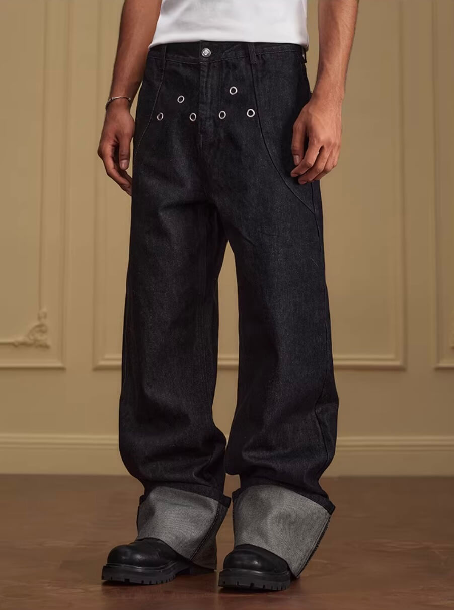 YADcrew Silver Eyelet Contrast Cuff Baggy Jeans