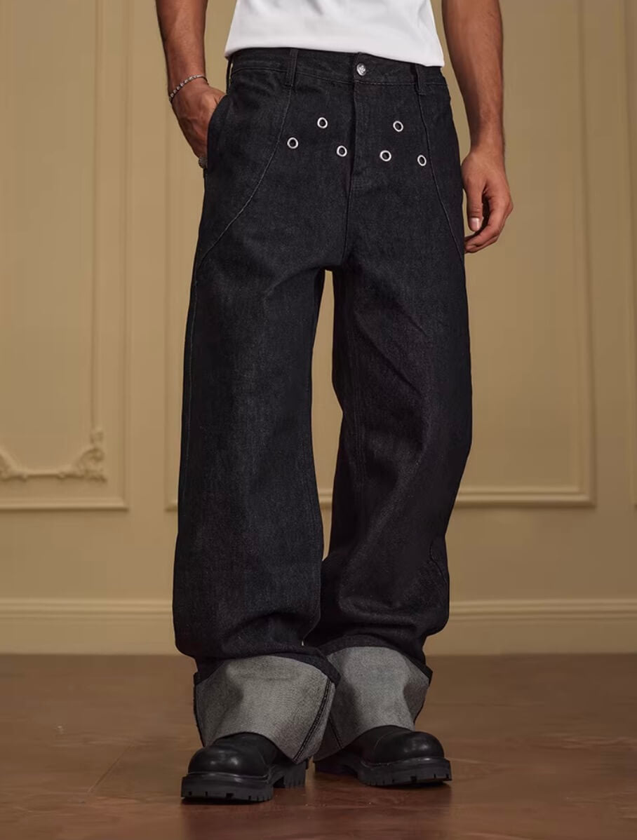 YADcrew Silver Eyelet Contrast Cuff Baggy Jeans