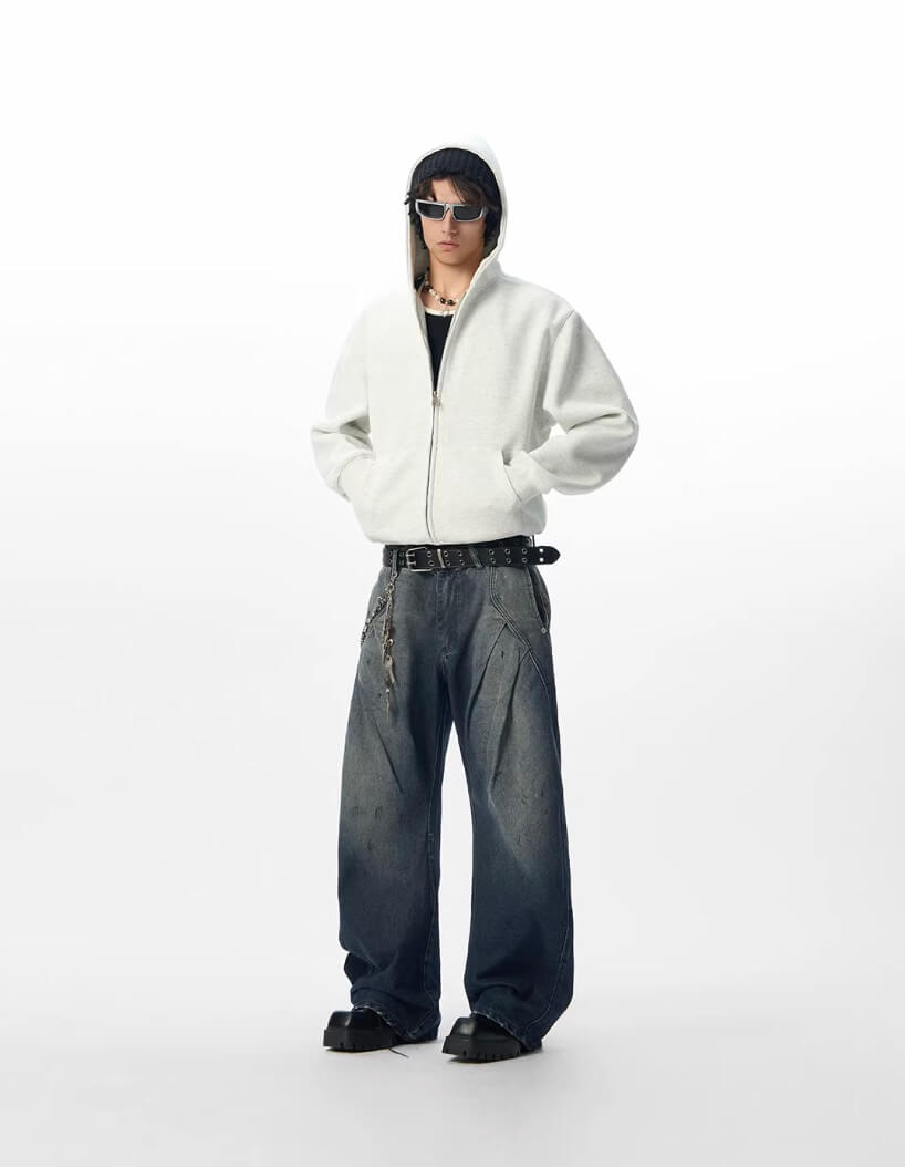 JHYQ 3D Pleated Distressed Washed Baggy Jeans
