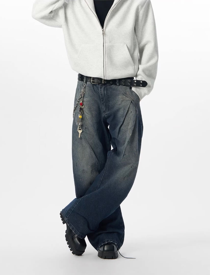 JHYQ 3D Pleated Distressed Washed Baggy Jeans
