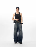 JHYQ 3D Pleated Distressed Washed Baggy Jeans