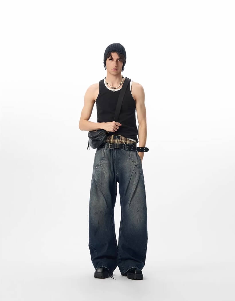 JHYQ 3D Pleated Distressed Washed Baggy Jeans