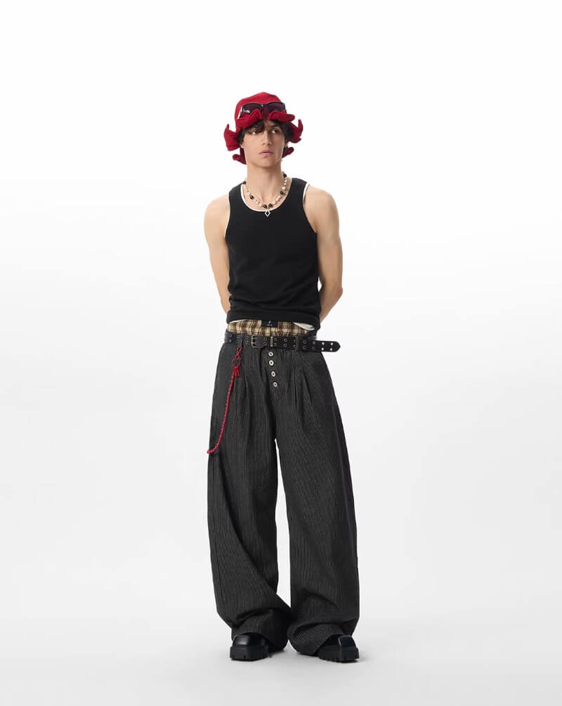 JHYQ Black Pinstripe Button Detail Wide Leg Suit Pants