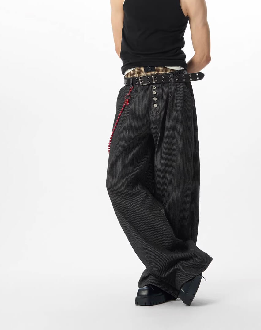 JHYQ Black Pinstripe Button Detail Wide Leg Suit Pants