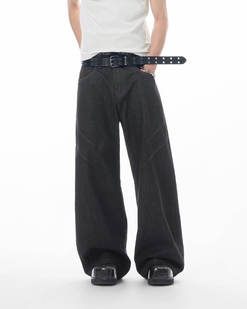 JHYQ Topstitch 3D Cut Black Baggy Flared Jeans