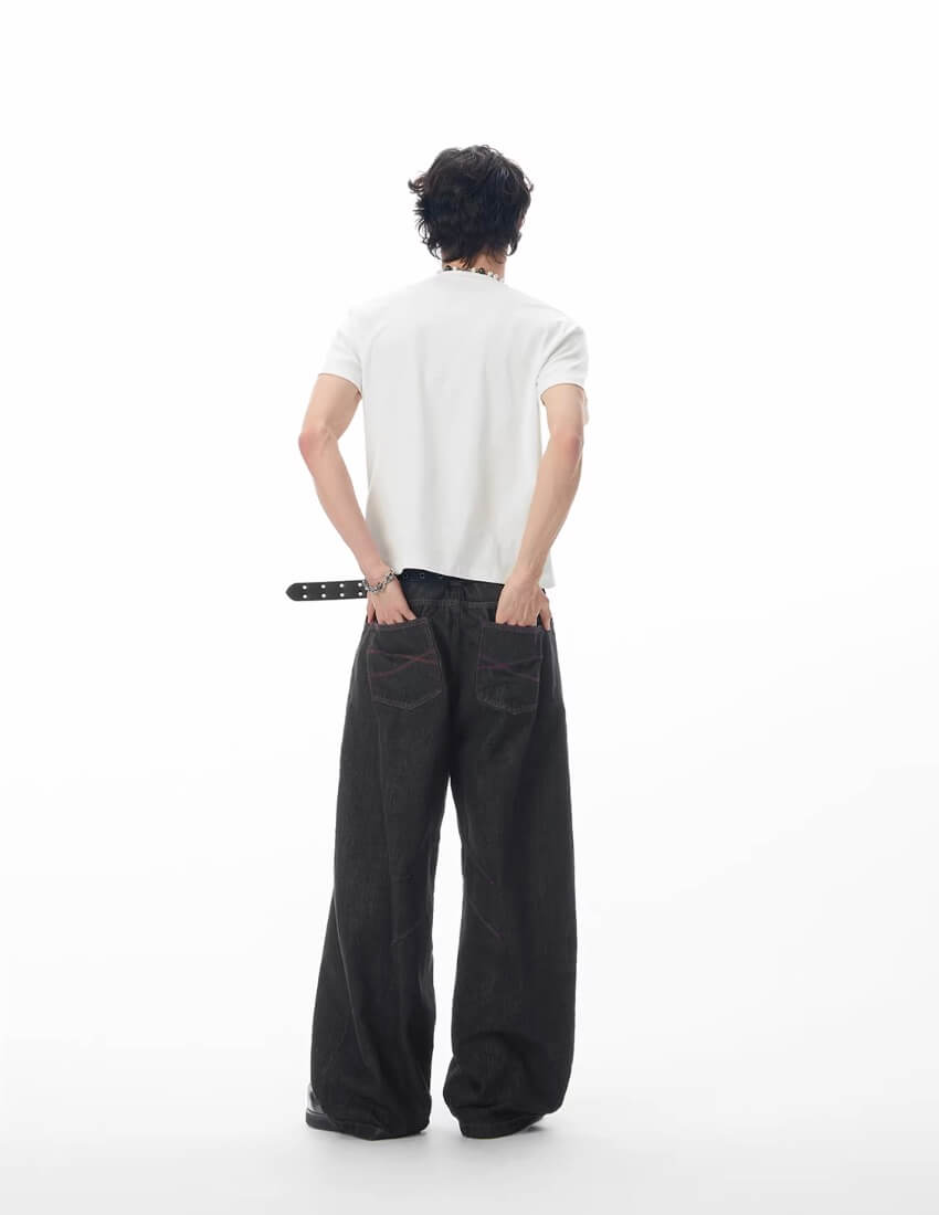 JHYQ Topstitch 3D Cut Black Baggy Flared Jeans