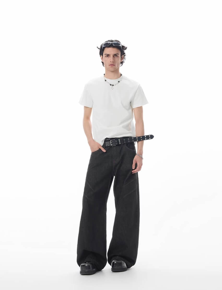 JHYQ Topstitch 3D Cut Black Baggy Flared Jeans