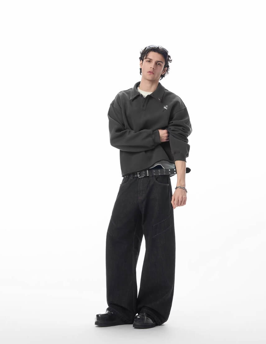 JHYQ Topstitch 3D Cut Black Baggy Flared Jeans