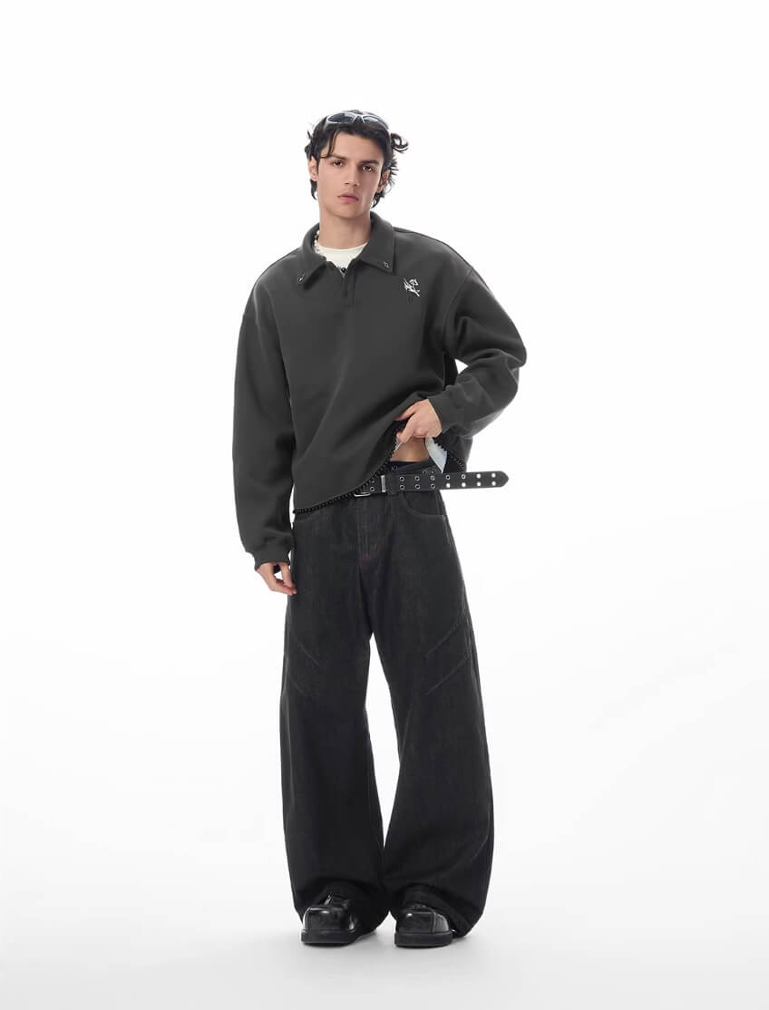 JHYQ Topstitch 3D Cut Black Baggy Flared Jeans