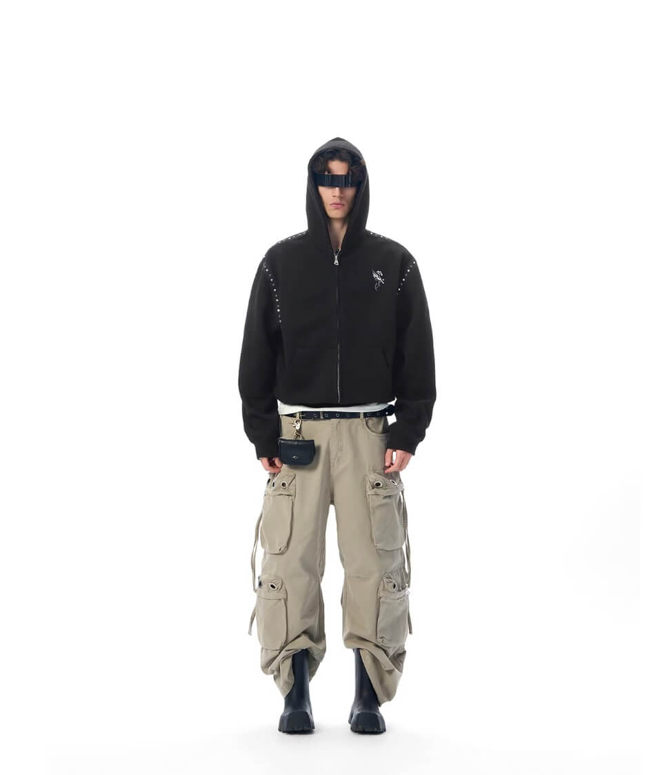 JHYQ Eyelet Detail 3D Multi Pocket Baggy Cargo Pants