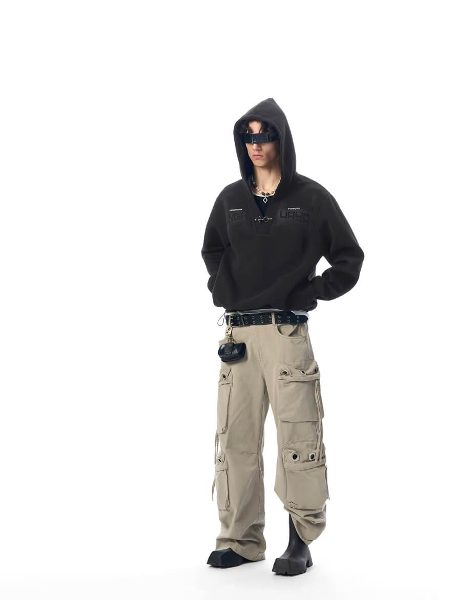 JHYQ Eyelet Detail 3D Multi Pocket Baggy Cargo Pants