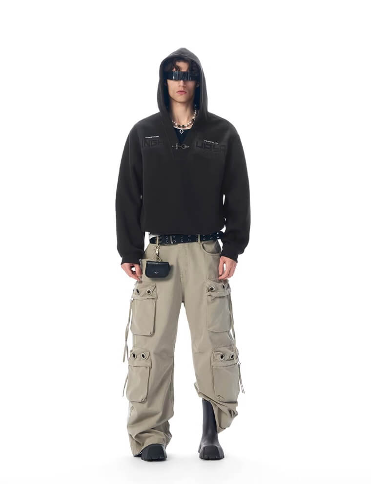JHYQ Eyelet Detail 3D Multi Pocket Baggy Cargo Pants