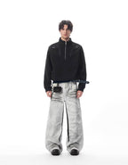 JHYQ Contrast Inner Stripe Distressed Washed White Baggy Jeans