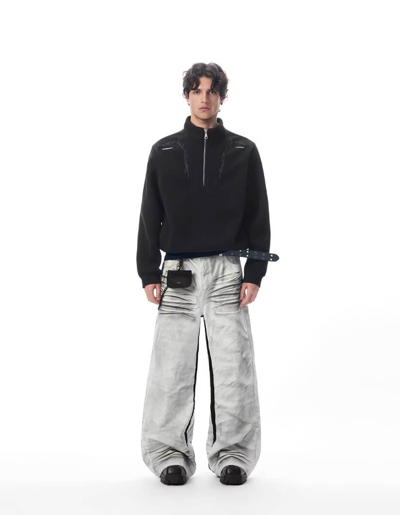 JHYQ Contrast Inner Stripe Distressed Washed White Baggy Jeans