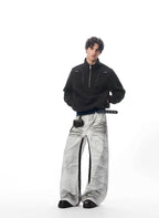JHYQ Contrast Inner Stripe Distressed Washed White Baggy Jeans