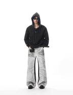JHYQ Contrast Inner Stripe Distressed Washed White Baggy Jeans