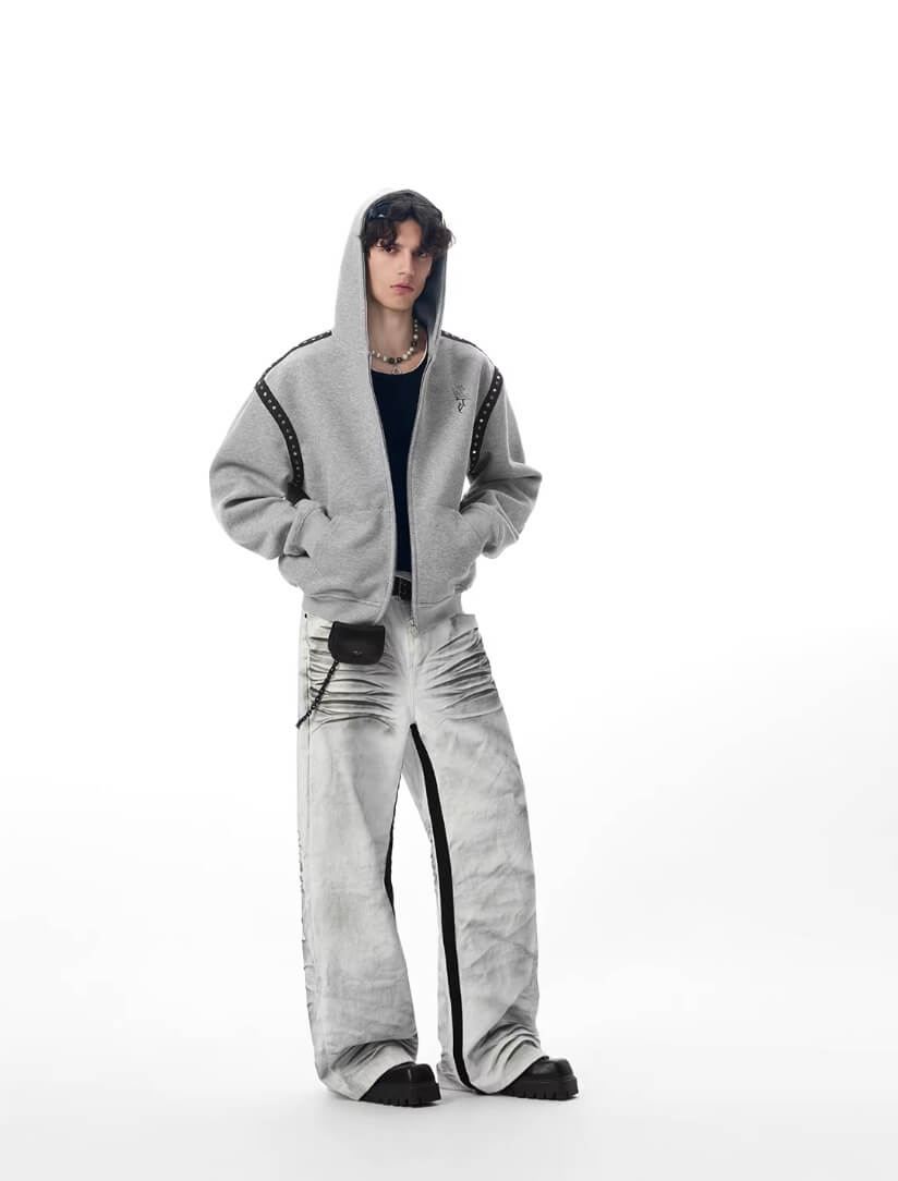 JHYQ Contrast Inner Stripe Distressed Washed White Baggy Jeans