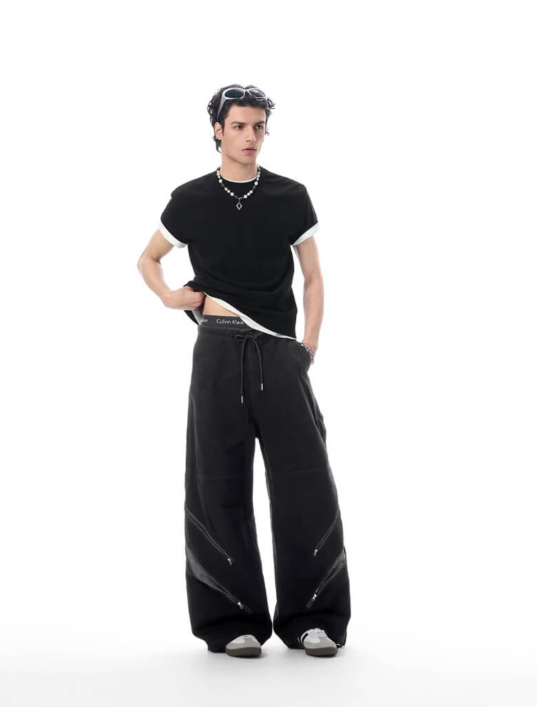 JHYQ Diagonal Zipper Detail Contrast Stripe Baggy Pants